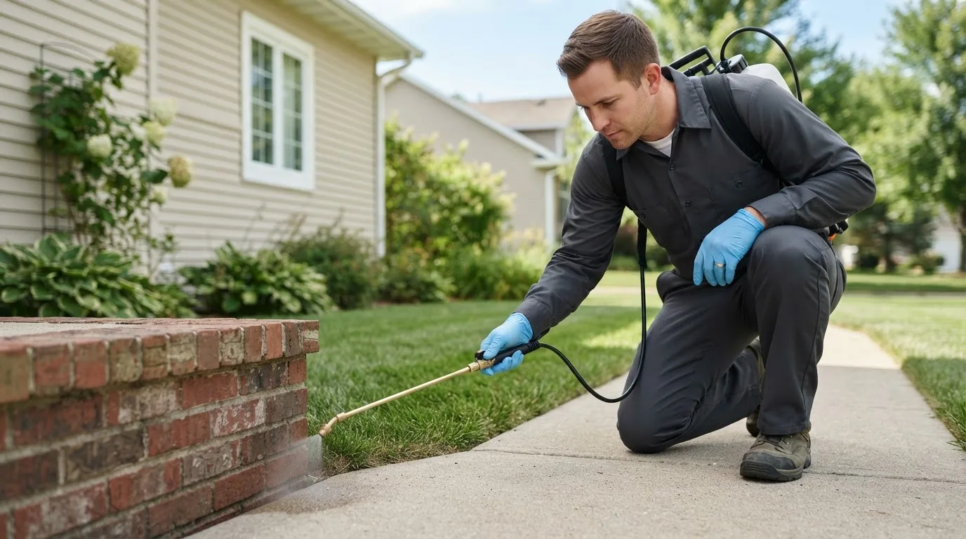 Pest control technician treating a home near Okauchee, WI